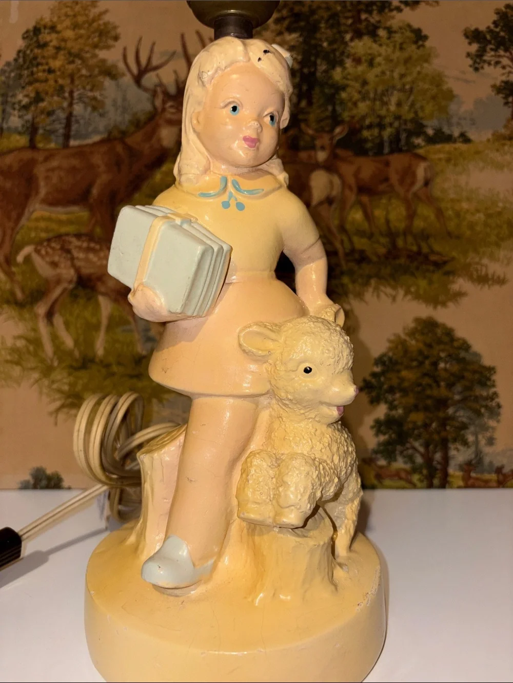 Vintage 1960s Ceramic Girl & Lamb Accent Lamp Works Nightlight Nursery Bedroom